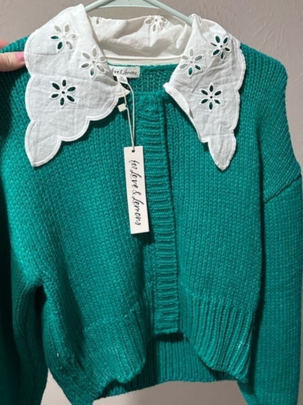 For Love And Lemons Vibrant Green Knit Sweater with Eyelet Collar L Large